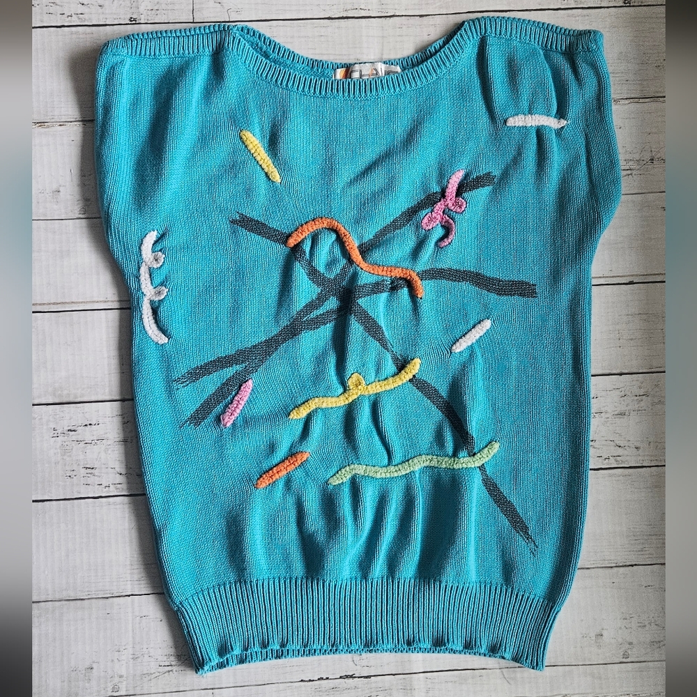 Vintage Chaus Turquoise Blue Abstract 3D Squiggle Knit‎ Sweater Vest Top Medium